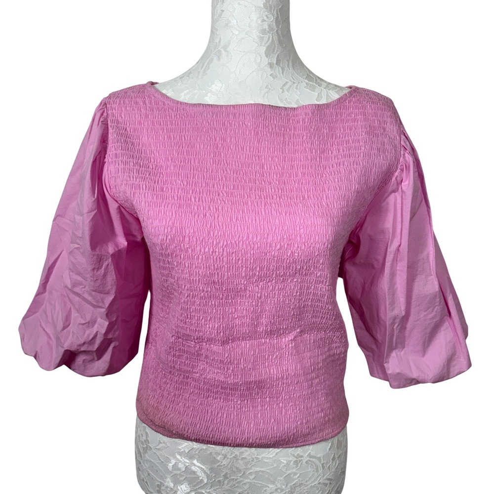 BB Dakota by Steve Madden Pink Smocked Boat Neck Balloon Sleeve Blouse Top Women